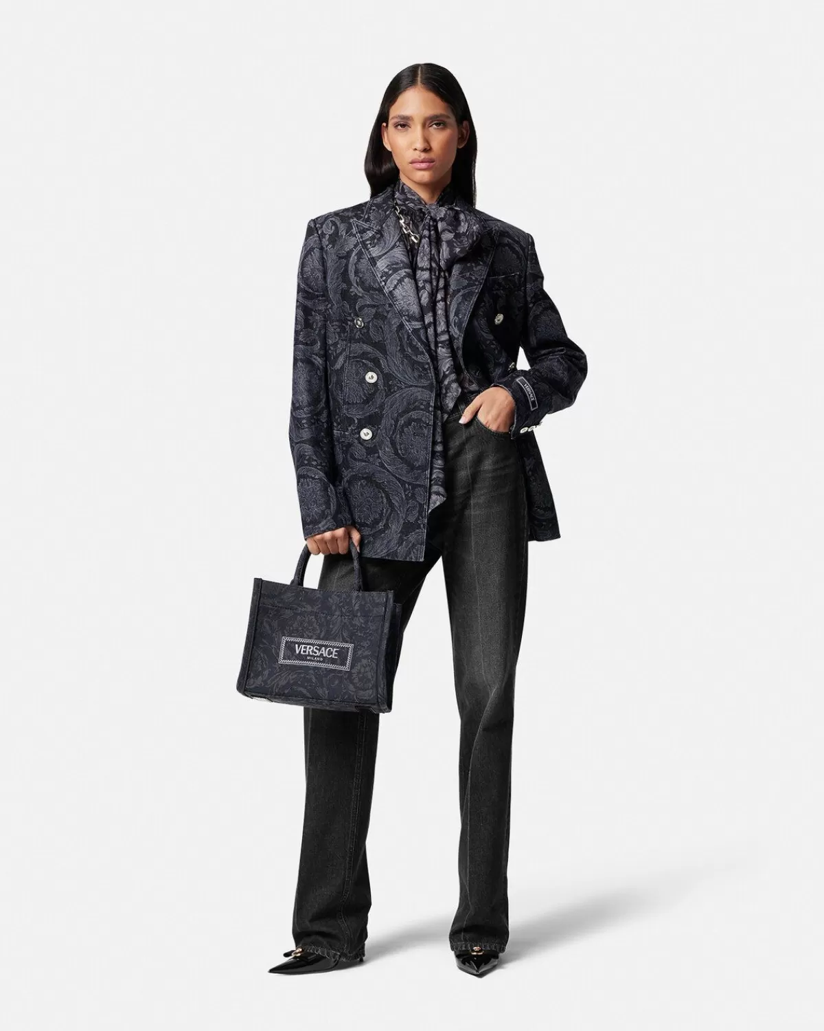 Femme Versace Blazer Croise En Denim Barocco