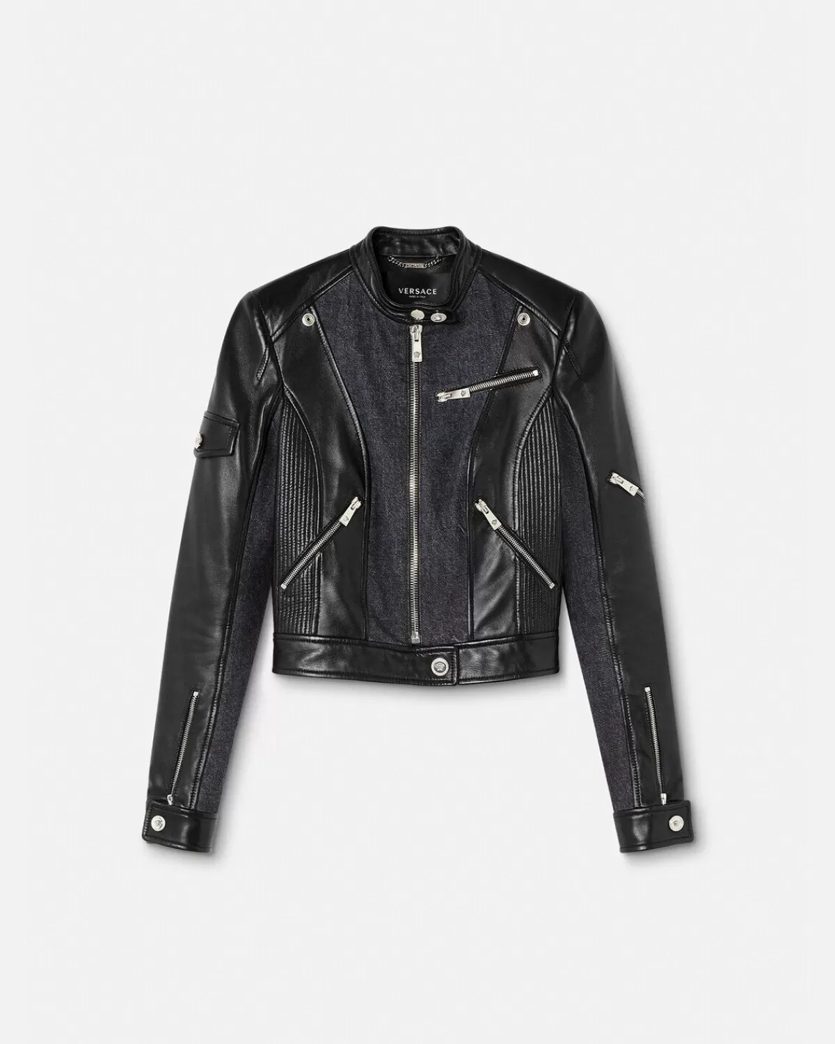 Femme Versace Blouson De Motard En Cuir Et Denim