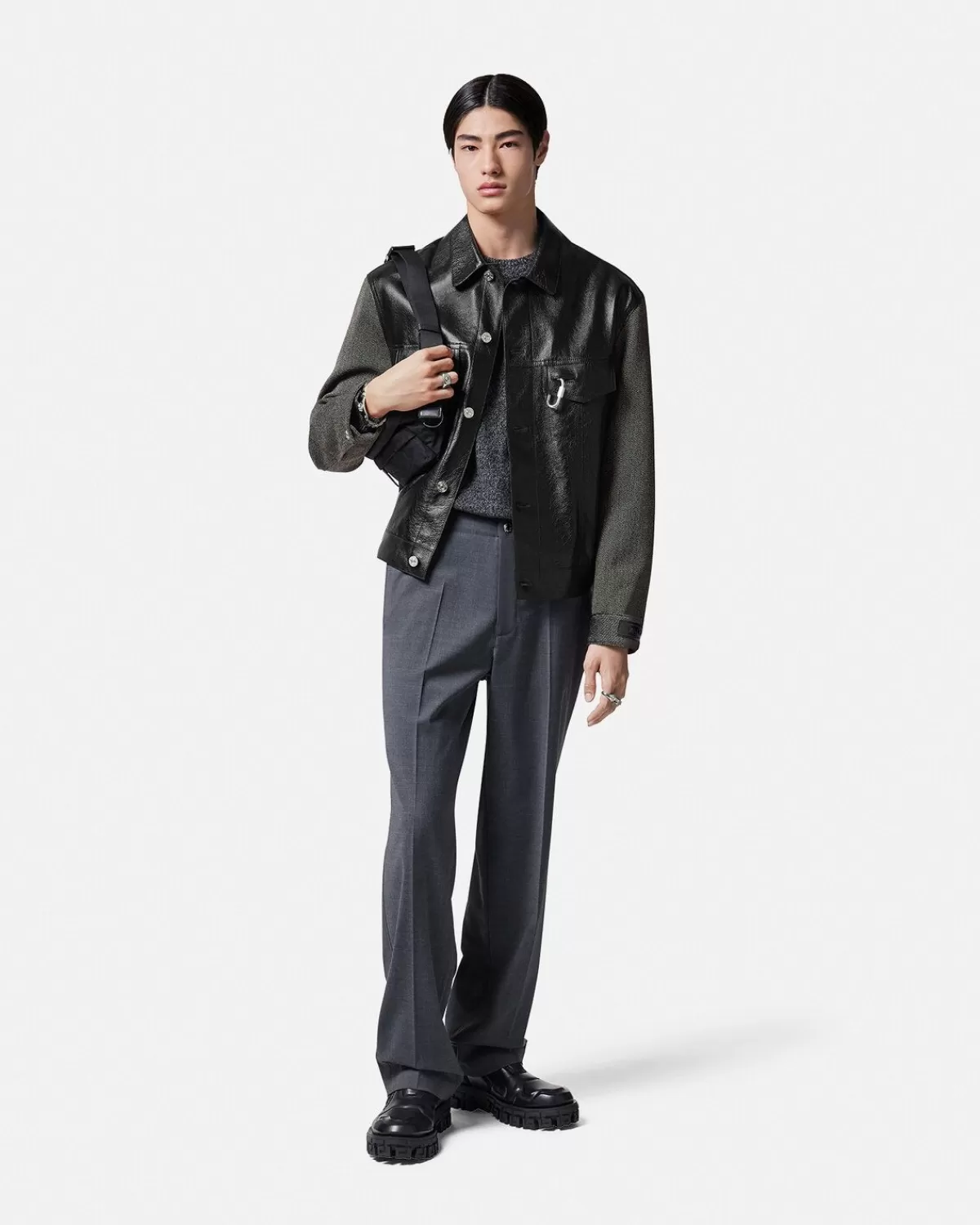 Homme Versace Blouson En Cuir Avec Empiecements