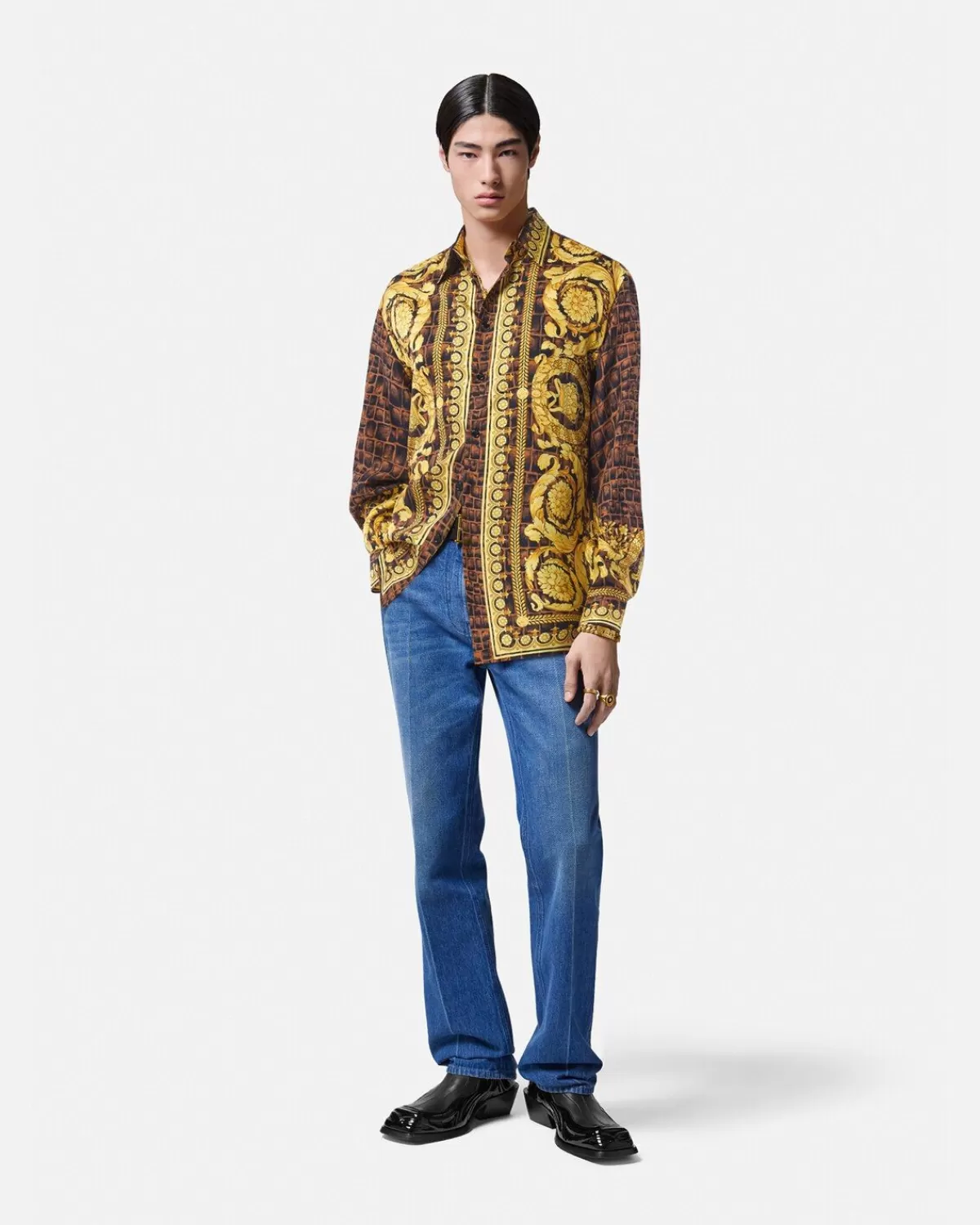 Homme Versace Chemise En Soie Baroccodile