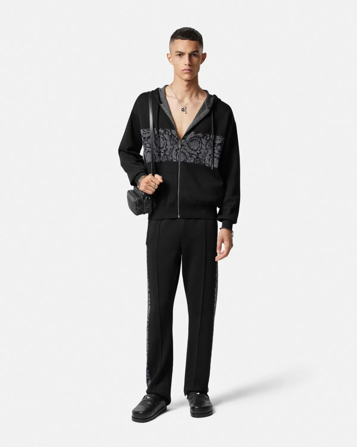 Homme Versace Hoodie Zippe En Maille Jacquard Barocco